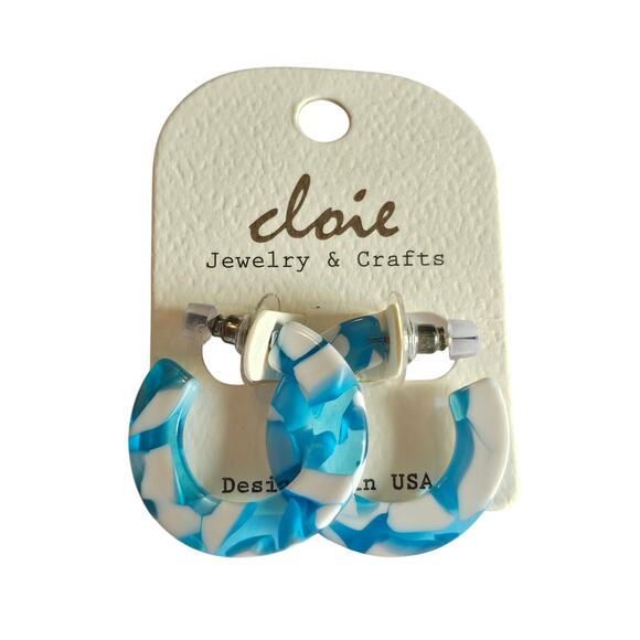 Blue White Resin Hoop Earrings Marbled Acrylic 1.16" Chunky Pierced w/ Gift bag - Picture 7 of 7